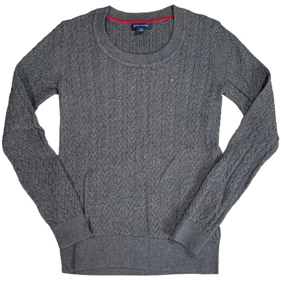 Tommy Hilfiger size small dark grey textured sweater scoop neck & chest logo EUC - Picture 1 of 11